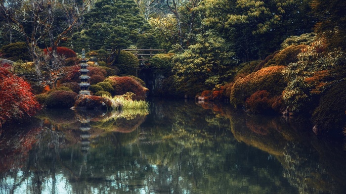 pond, water, bridge, landscape, Japanese, nature, garden, reflection, trees, colorful, shrubs