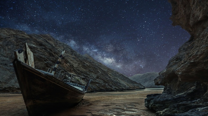 boat, nature, landscape, Milky Way, sand, starry night, rock, puddle, long exposure