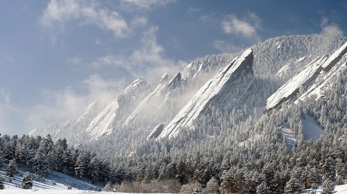 mountain, snow, landscape, clouds, Boulder, Colorado, forest, nature, winter