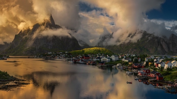 sea, town, landscape, island, sunlight, mountain, summer, Norway, fjord, sunset, nature, boats, clouds, Lofoten