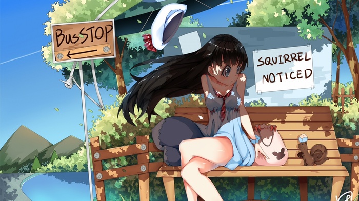 bench, long hair, squirrel, bangs, legs  crossed, dress, girl, anime girls, original characters