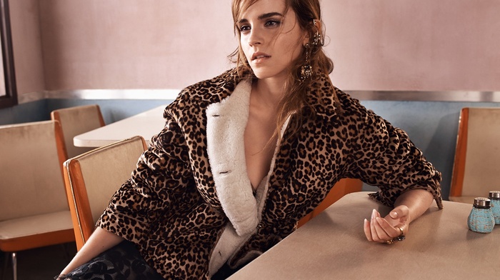 celebrity, brunette, Emma Watson, fur coats, animal print, actress, girl