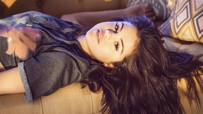 actress, looking at viewer, brunette, long hair, girl, T, shirt, face, Selena Gomez, lying down