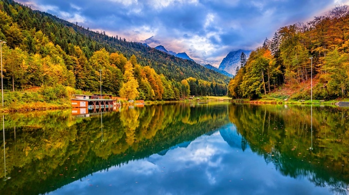 landscape, trees, Germany, forest, lake, mountain, reflection, fall, nature, clouds, water
