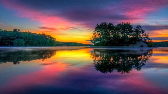 lake, sunrise, calm, Massachusetts, sky, landscape, mist, clouds, trees, nature, island, water, colorful, reflection