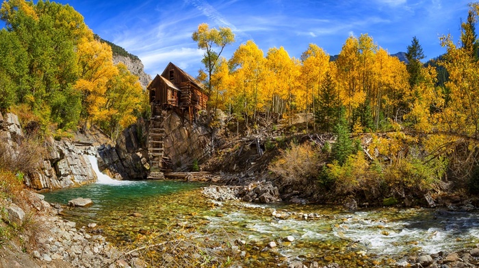landscape, shrubs, trees, river, nature, blue, yellow, mountain, Colorado, mill, forest, fall