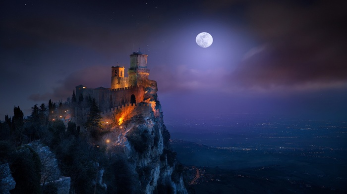 mist, architecture, clouds, moon, San Marino, starry night, mountain, valley, castle, trees, landscape, nature, fortress, lights