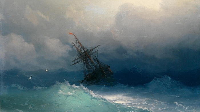 ship, classic art, Ivan Aivazovsky, painting, sea, waves, seagulls