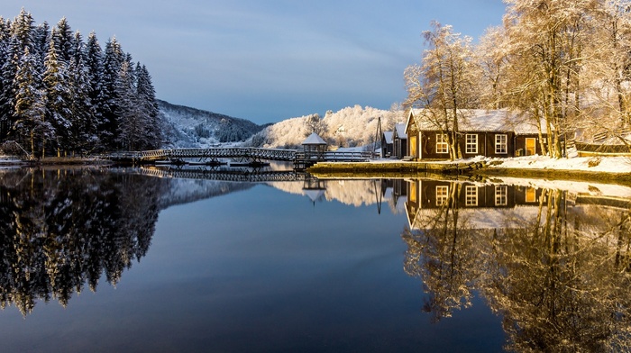 building, water, snow, trees, nature, reflection, winter