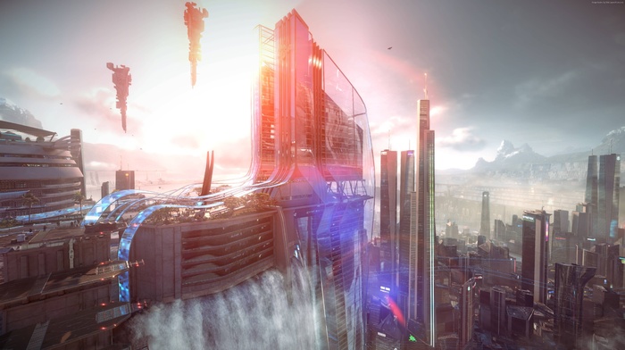 waterfall, science fiction, futuristic, cityscape, Killzone