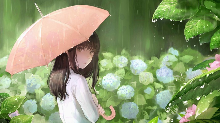 rain, white dress, umbrella, flowers, anime girls, original characters