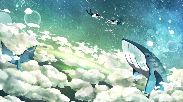 whale, flying, sky, fantasy art