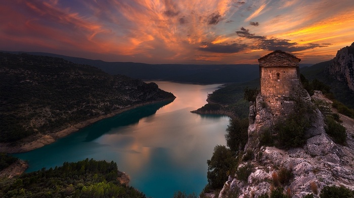 old, Spain, history, lake, landscape, nature, sunset, clouds, forest, church, water, mountain, sky