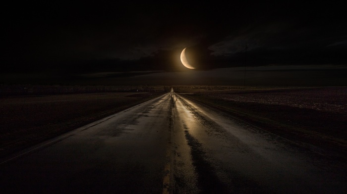 rain, midnight, nature, moonlight, landscape, Iowa, highway, dark, moon, sky, road