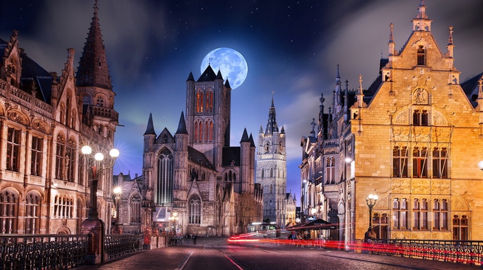 Belgium, starry night, light trails, architecture, street light, urban, Gothic architecture, long exposure, moon, cobblestone, night, Europe