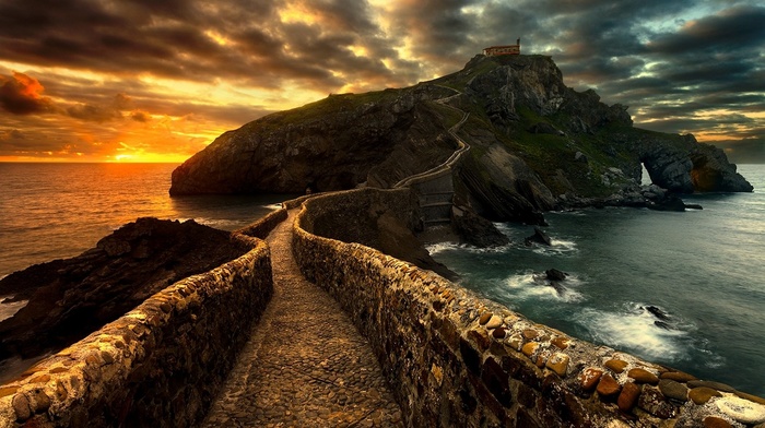 rock, path, Spain, walkway, sky, clouds, landscape, temple, cobblestone, sea, nature, sunset