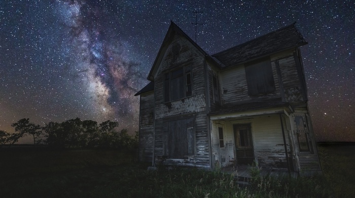 dark, spooky, galaxy, grass, long exposure, nature, house, starry night, abandoned, landscape, Milky Way, South Dakota
