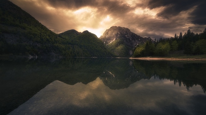 sky, sunlight, forest, flying, reflection, Italy, nature, sunset, mountain, water, atmosphere, clouds, landscape, birds, lake