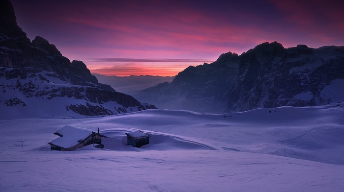 Italy, sunrise, nature, cabin, clouds, mountain, winter, Dolomites mountains, landscape, cold, snow, sky
