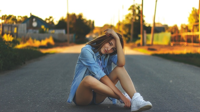 girl, sneakers, sitting, road, jean shorts, shorts
