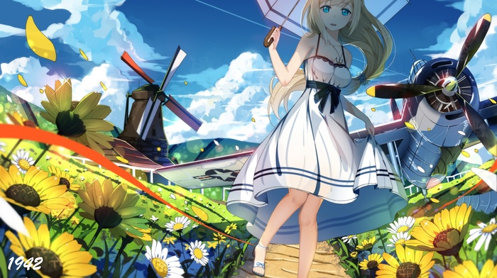 dress, original characters, aircraft, sunflowers, umbrella, clouds, windmills