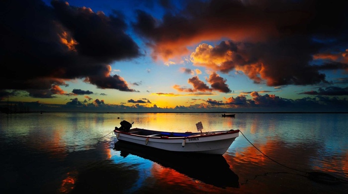 sunset, water, landscape, sea, boat