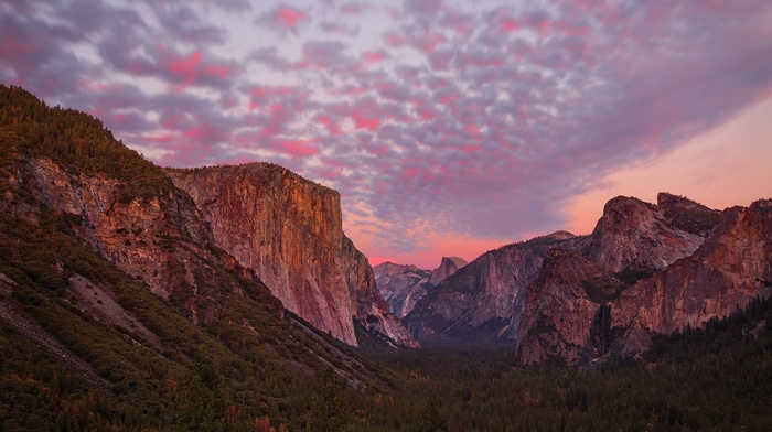 mountain, nature, cliff, valley, evening, landscape, sunset, forest