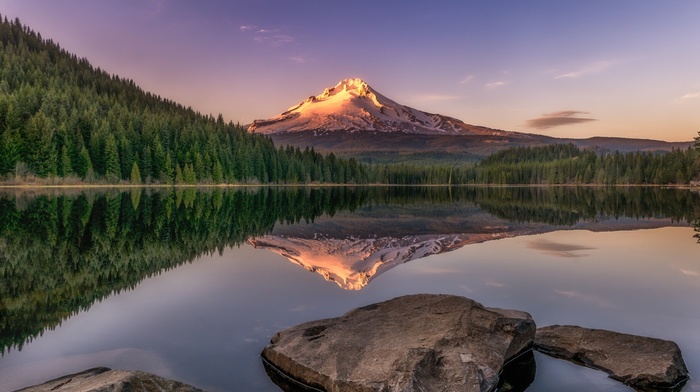 forest, snowy peak, sunset, lake, landscape, nature, evening, trees, water, mountain, reflection, rock