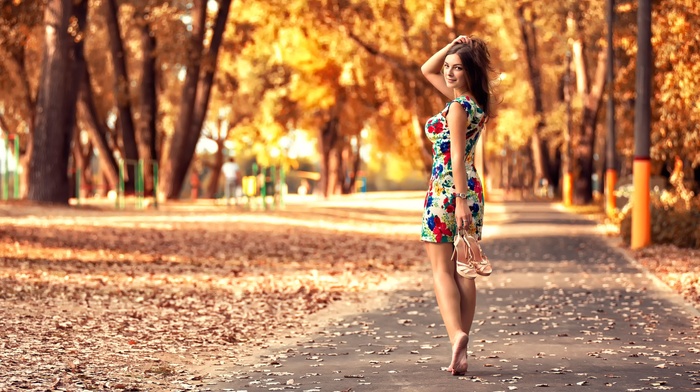 girl, looking back, girl outdoors, floral, sunlight, dress, depth of field, fall, model, barefoot