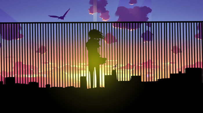 triple screen, city, sunset, anime, multiple display, horizon