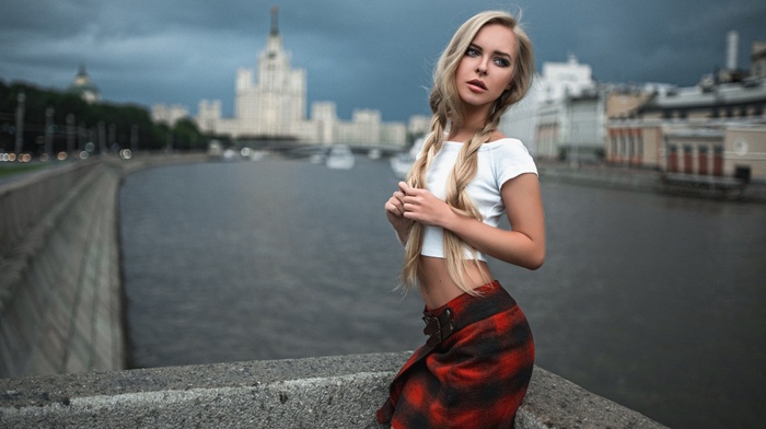 girl outdoors, girl, looking away, riverside, skirt, long hair, blonde, Georgiy Chernyadyev, Moscow