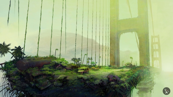 forest, apocalyptic, green, golden gate bridge, nature, artwork