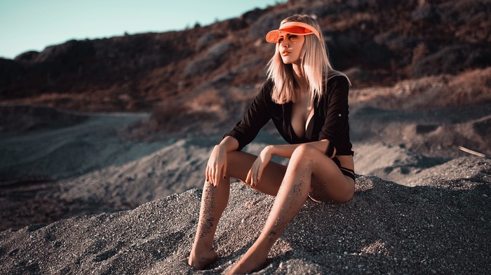 looking away, sitting, sand, blonde, girl