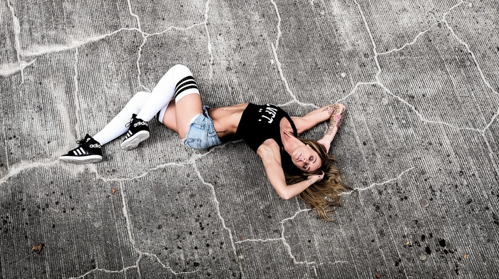 sneakers, white stockings, tattoo, adidas, skinny, on the floor, girl, closed eyes, jean shorts