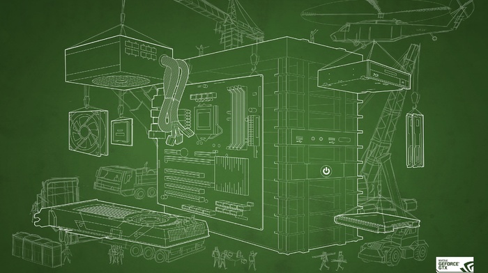 construction site, blueprints, Nvidia, simple background, computer, GPUs