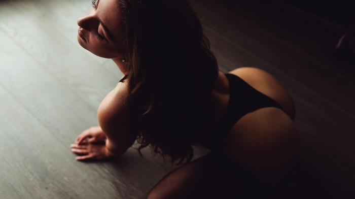 wooden surface, kneeling, girl, ass, thong, closed eyes