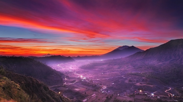 nature, mountain, Indonesia, road, landscape, valley, mist, lights, field, sunrise, sky, village, clouds
