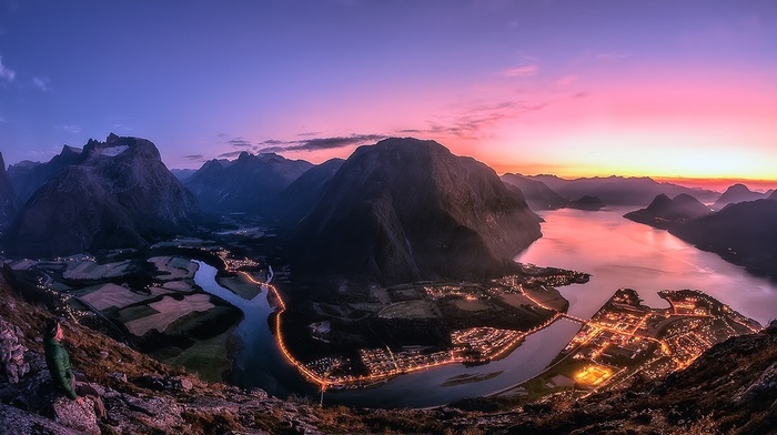 panoramas, summer, Norway, cityscape, mountain, sky, water, lights, river, landscape, nature, sunset