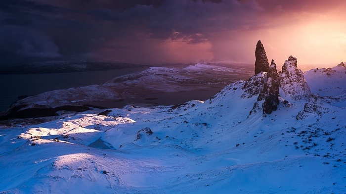 winter, summit, landscape, sunrise, sea, Scotland, clouds, Old Man of Storr, nature, snow, island