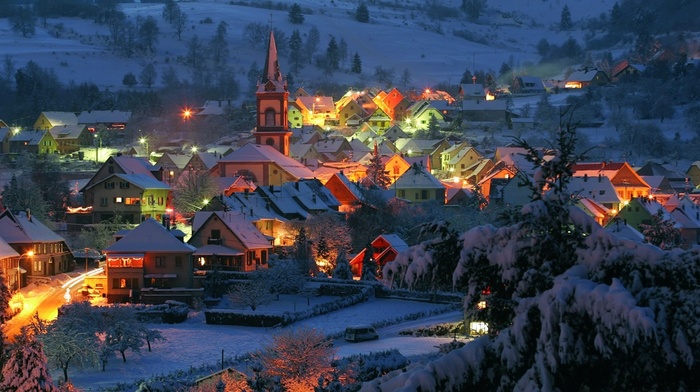 nature, street light, snow, hill, lights, France, trees, house, winter, cold, church, village, landscape
