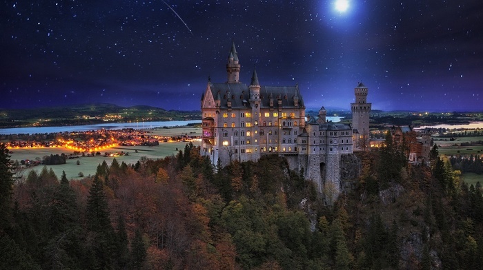 palace, Neuschwanstein Castle, Germany, starry night, fall, trees, lights, moon, landscape, nature, valley, village, architecture