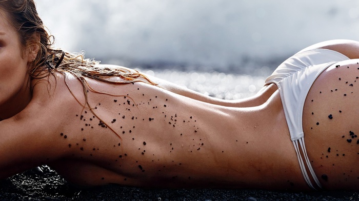 beach, wet body, multiple display, bikini bottoms, Candice Swanepoel, model