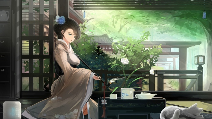 hair bun, cat, kimono, smoking, original characters, flower in hair
