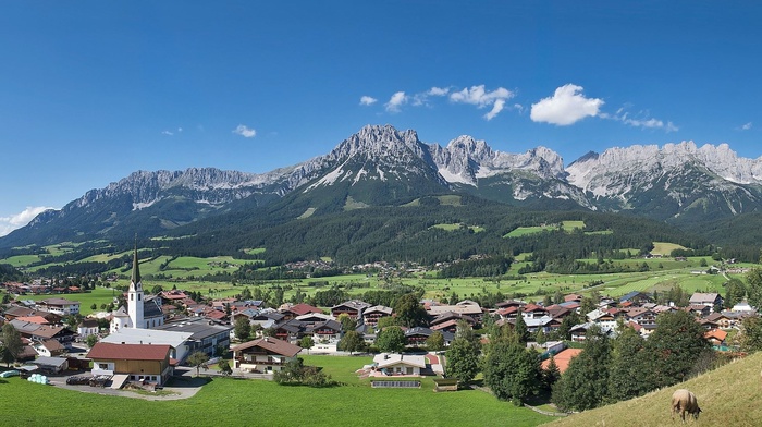 valley, multiple display, landscape, mountain, town, sheep, Austria