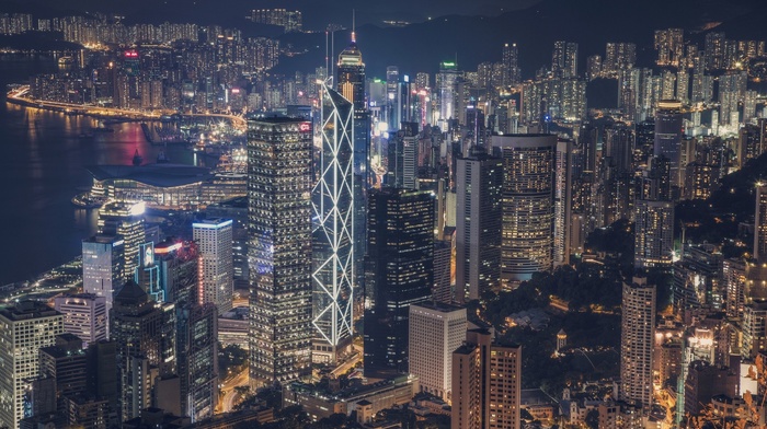 city, cityscape, lights, skyscraper, night, Hong Kong