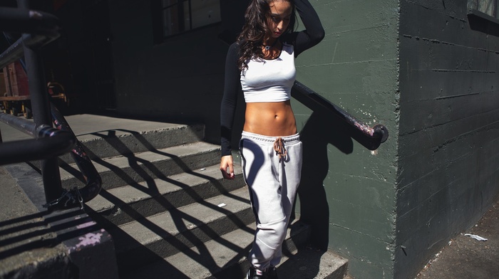 skinny, girl, hands in hair, sneakers, T, shirt