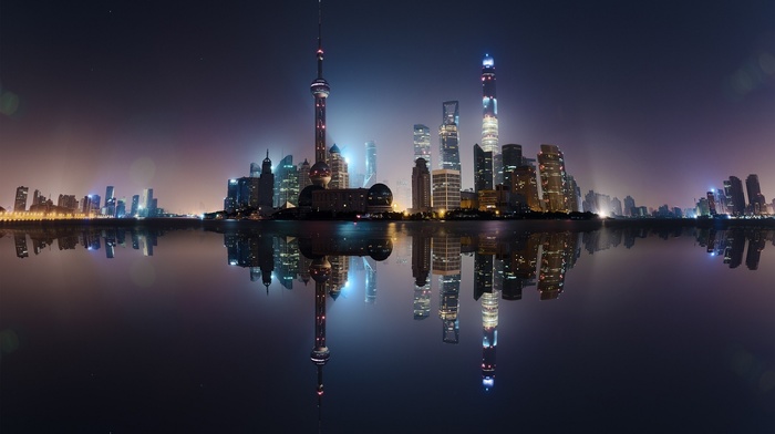 skyscraper, water, Shanghai, China, lights, sea, building, long exposure, reflection, cityscape, tower, city, night