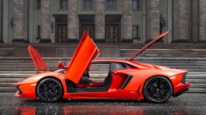 orange, car, rain, Lamborghini, Lamborghini Aventador