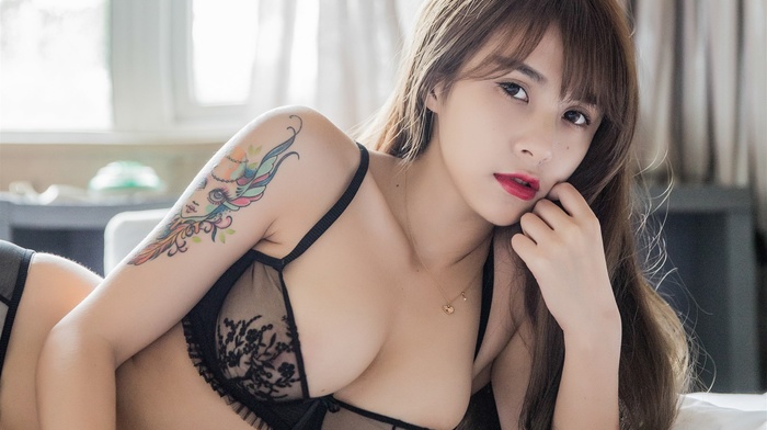 Asian, brunette, lingerie