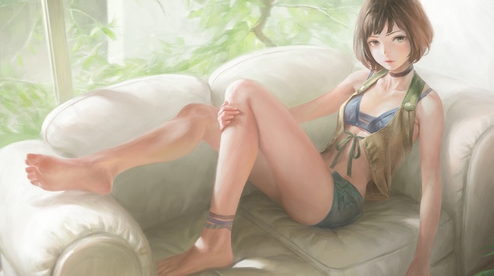 brunette, brown eyes, hot pants, painting, couch, original characters, barefoot, short hair, legs, NaBaBa DeviantArt